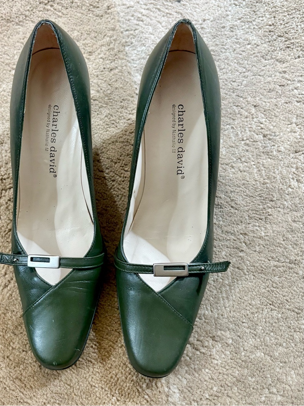 Charles David Dark Green Leather Pointed Toe Pumps with Silver Buckle